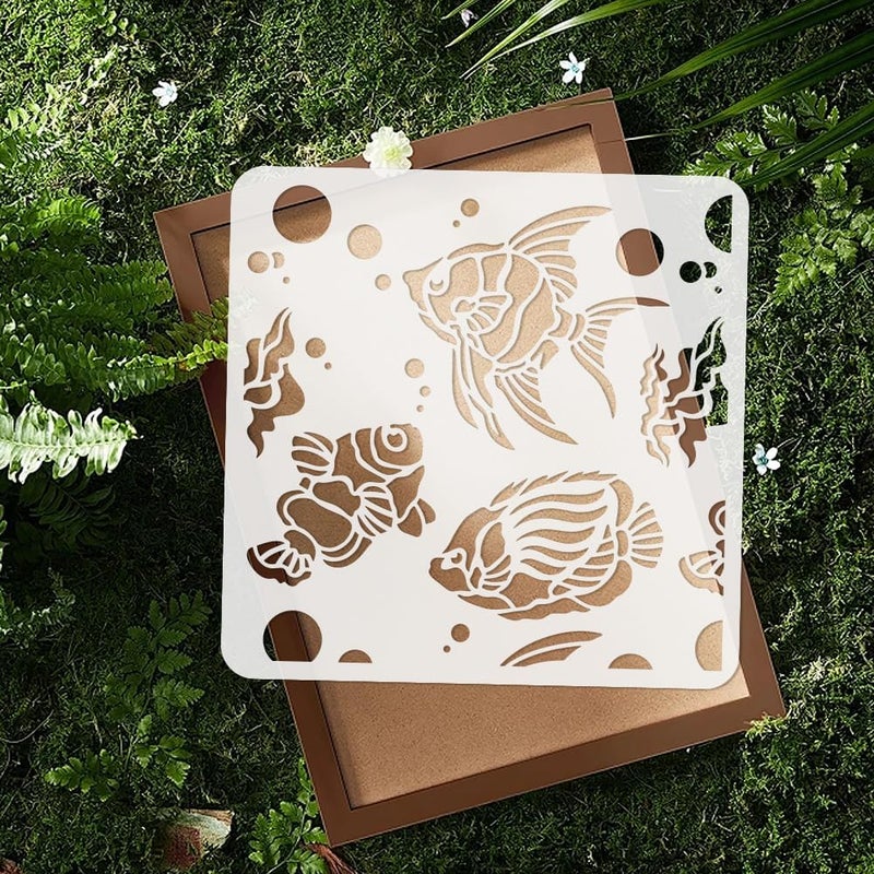 DOODLREAM Coral Fish Ocean Animal Stencil for Painting 11.8 x 11.8 Inch Reusable Plastic Fish Sea Animal Stencil for Painting on Wood Wall Fabric Furniture, DIY Home Decor Craft Stencil - Image 4